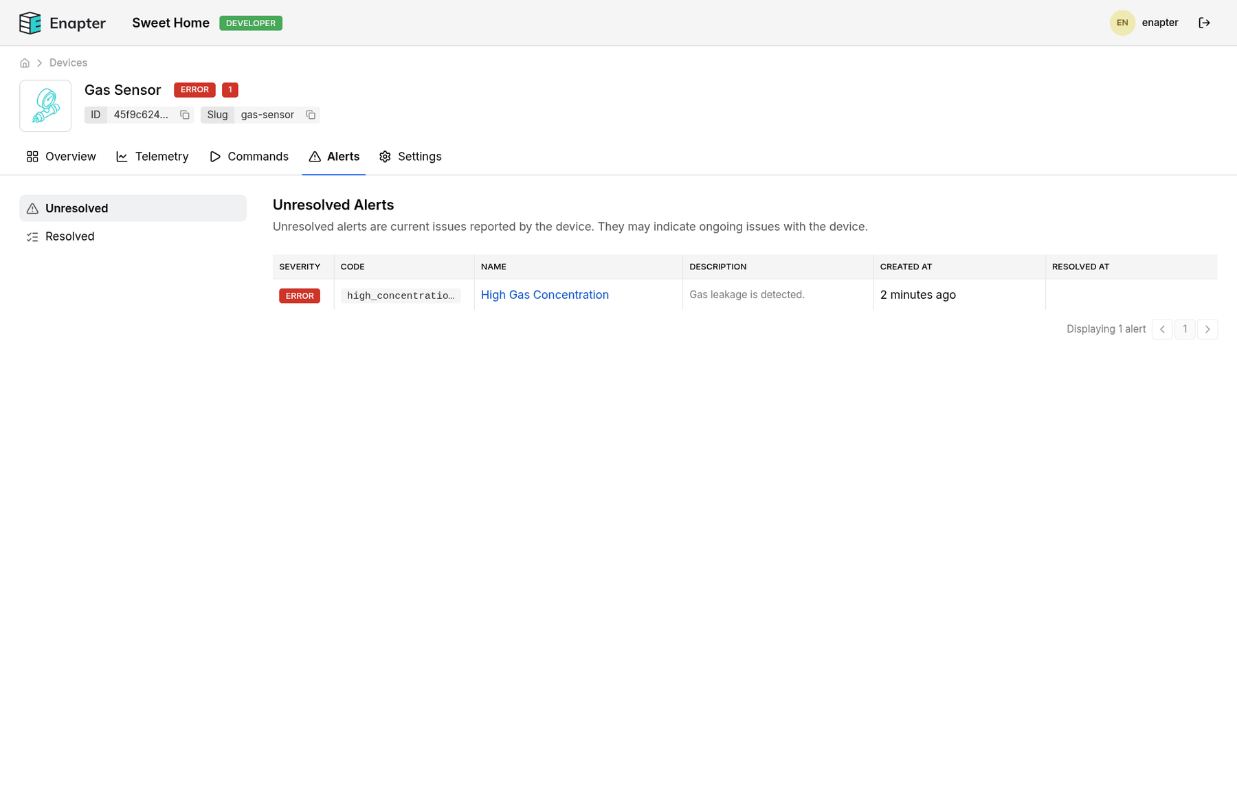 High gas concentration alarm